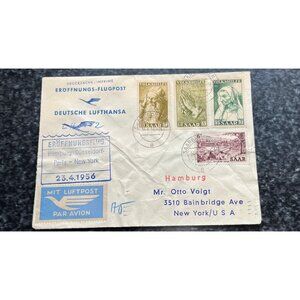 Vtg 1956 Opening Flight Hamburg-Dusseldorf Paris - New York By Airmail By Plane